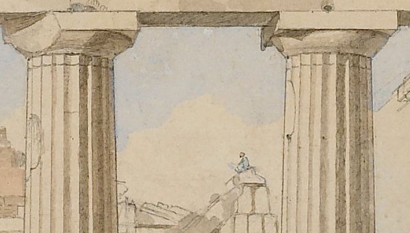 A watercolour showing a man sketching ruins