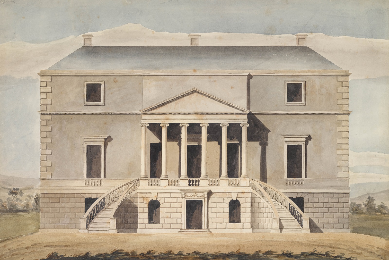 Royal Academy lecture drawing of the elevation of the portico front, Bessborough House, Roehampton
