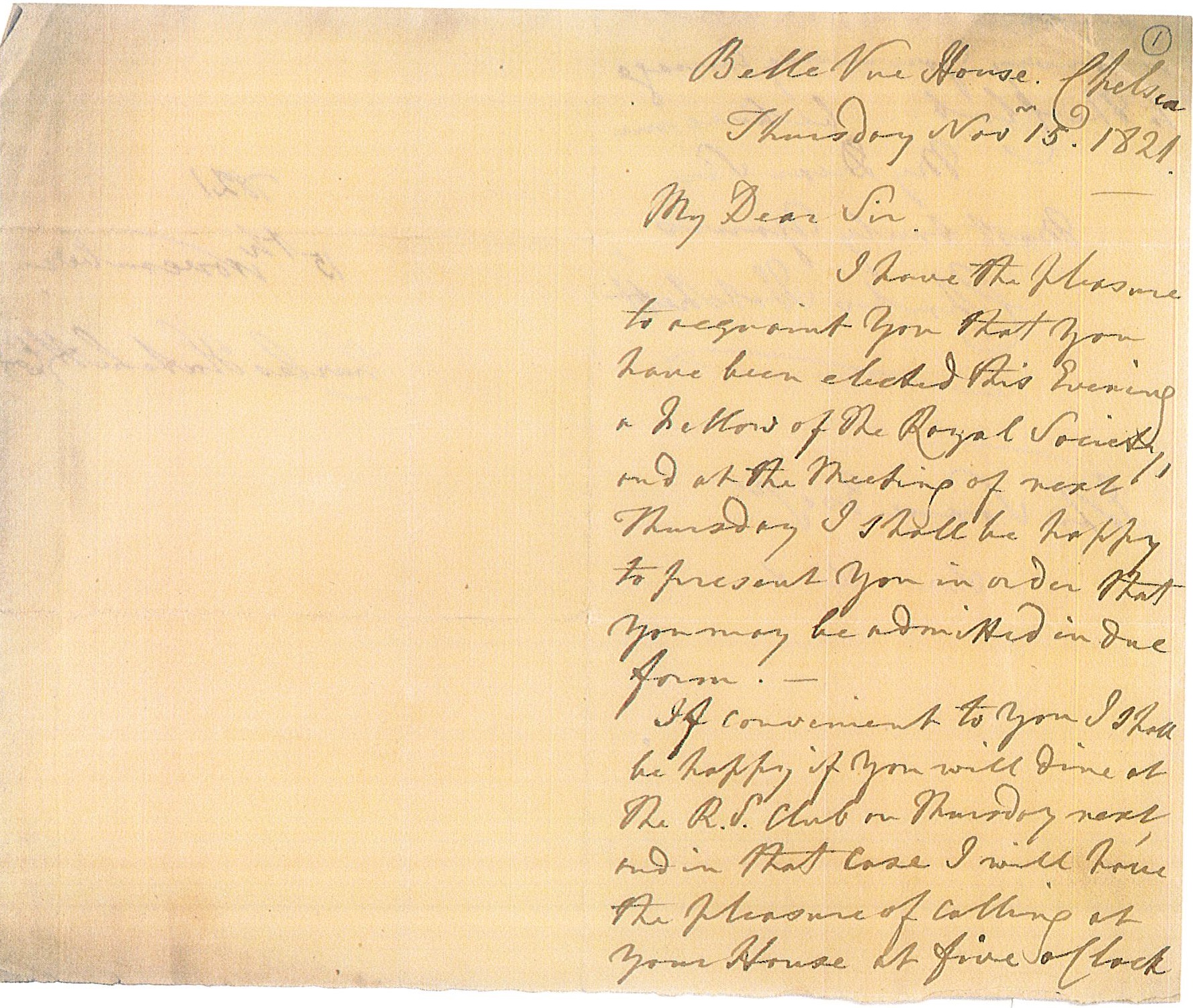 A letter received by John Soane to inform him of his election to the Royal Society.