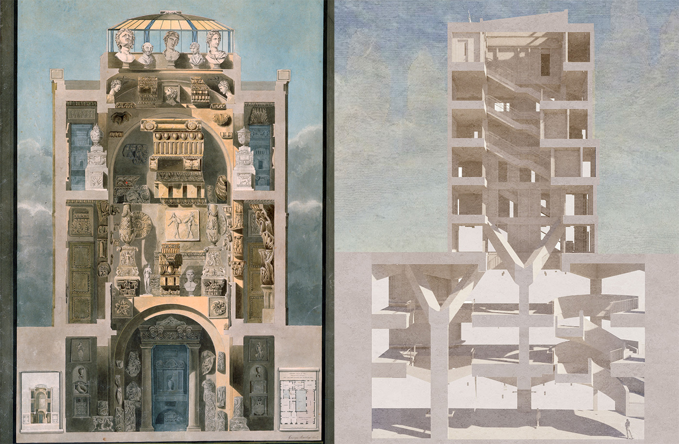 A section through Sir John Soane's Museum, alongside a section through the Marshall Building, showing the ways in which natural light is carried throughout the different levels of both buildings.