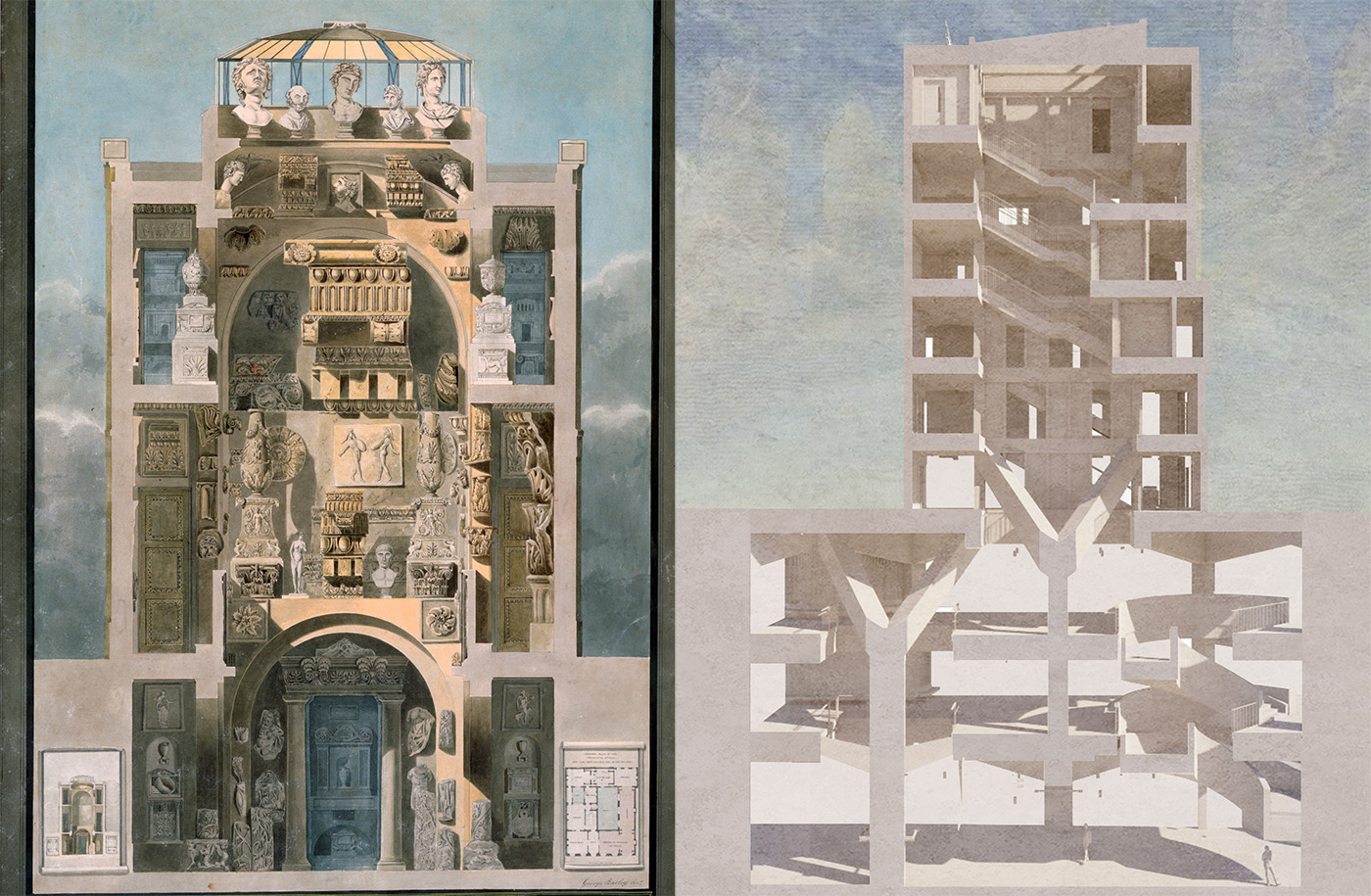 Section views of both Soane's Museum and the Marshall Building. A section through Sir John Soane's Museum, alongside a section through the Marshall Building, showing the ways in which natural light is carried throughout the different levels of both buildings.
