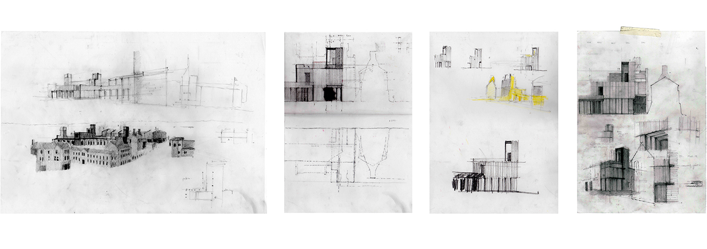 Four drawings of buildings