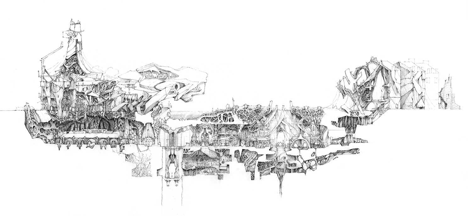 A hand drawn section drawing of an architectural construction