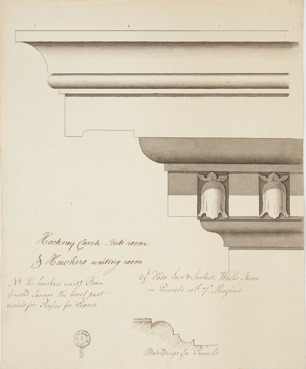 Detail of cornice and panel mouldings for the Hackney Coach Ante-Room and Hawkers’ Waiting Room at Somerset House, London