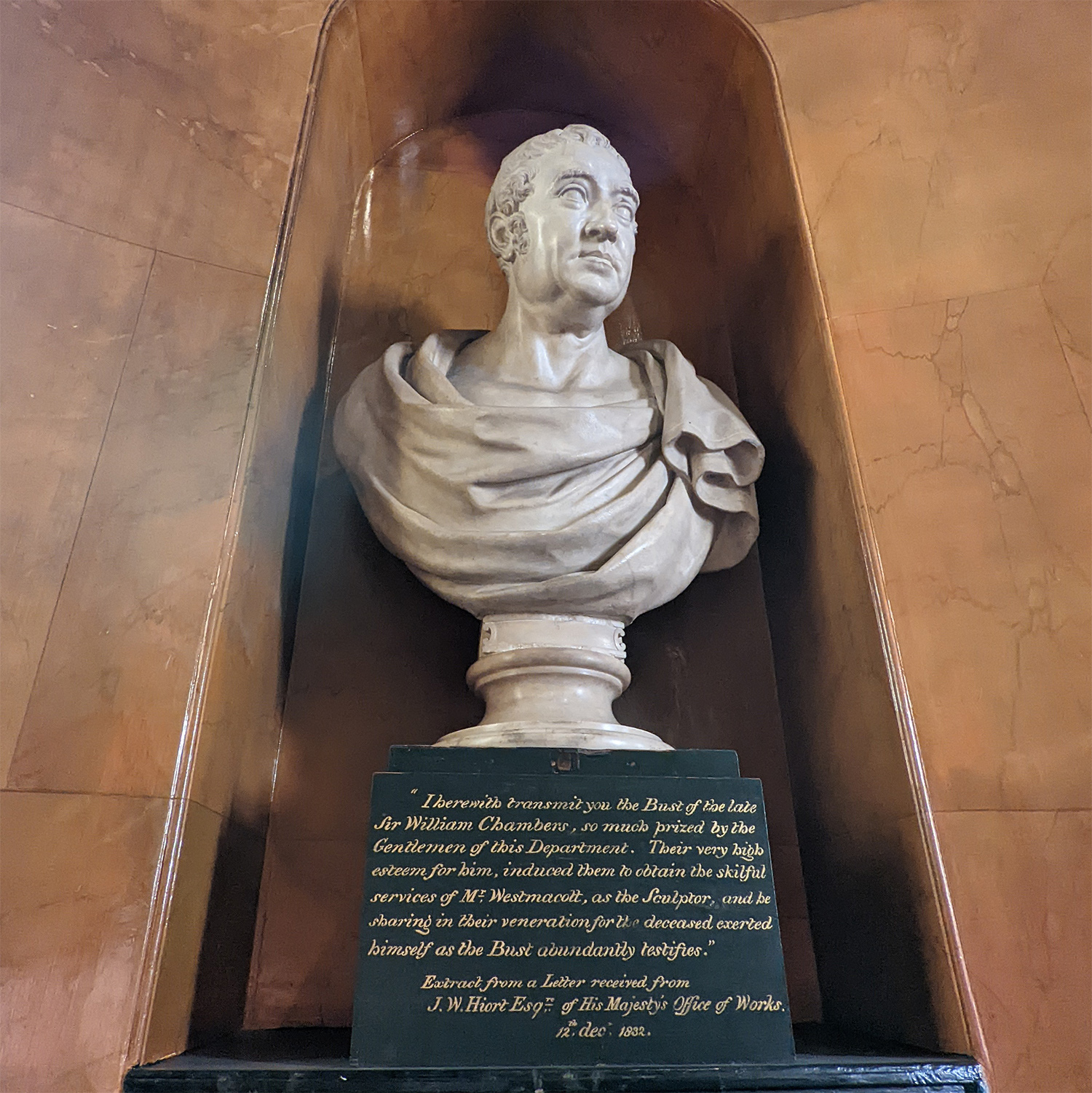 A bust of Sir William Chambers. A bust of William Chambers.