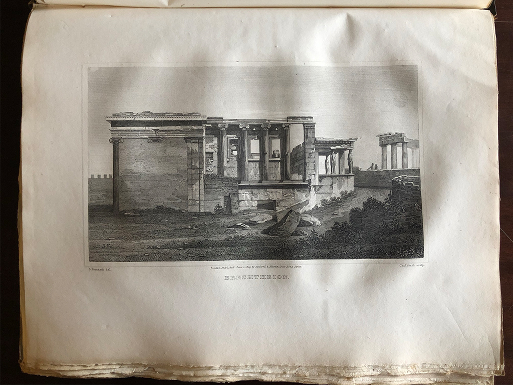 A page in a large, old book displaying an engraving of the Erectheion