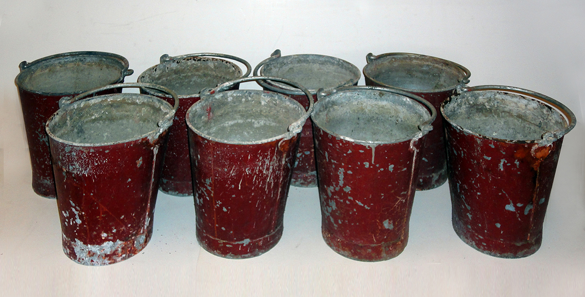 Eight metal fire buckets, in use in Sir John Soane’s Museum until c.2003