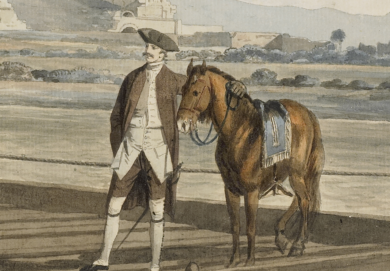 A watercolour of a man and a horse