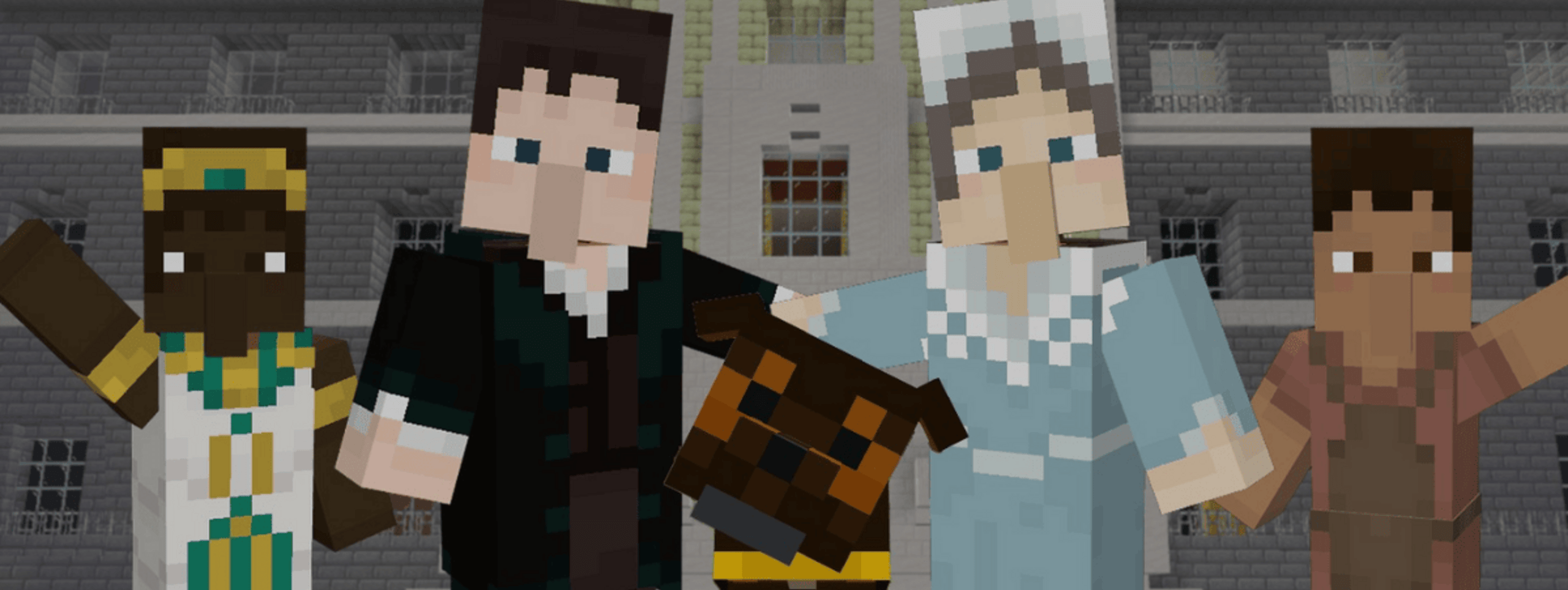 image in a Minecraft‑style shows four blocky characters and a dog standing in front of a Minecraft recreation of the Sir John Soane’s Museum. The characters include two central figures dressed in historical clothing, flanked by two additional characters on either side, each raising an arm in greeting.