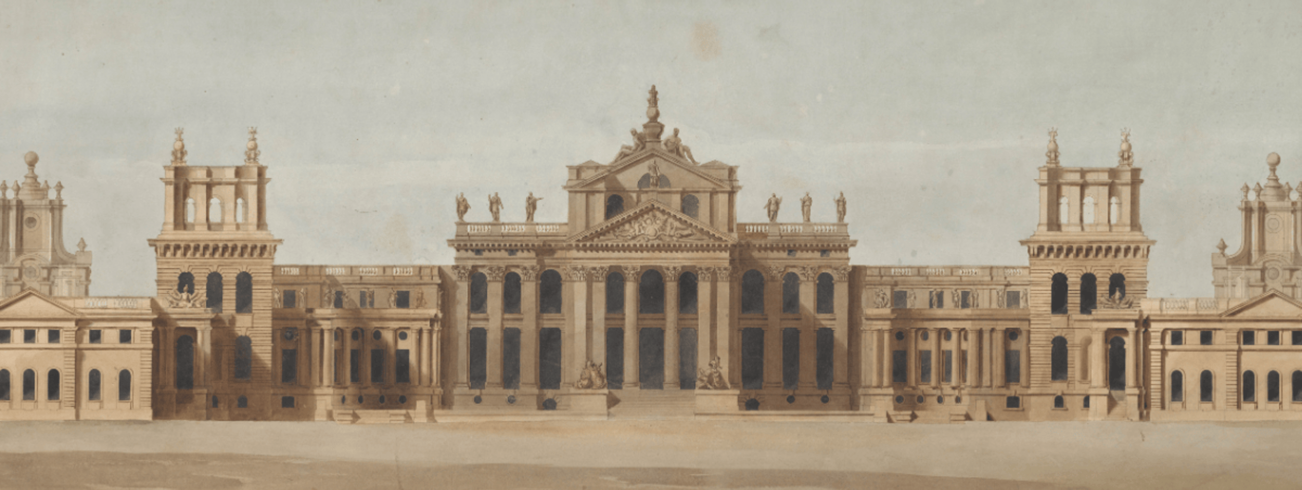A detailed architectural drawing of a grand classical building with a central portico supported by tall columns, flanked by symmetrical wings.