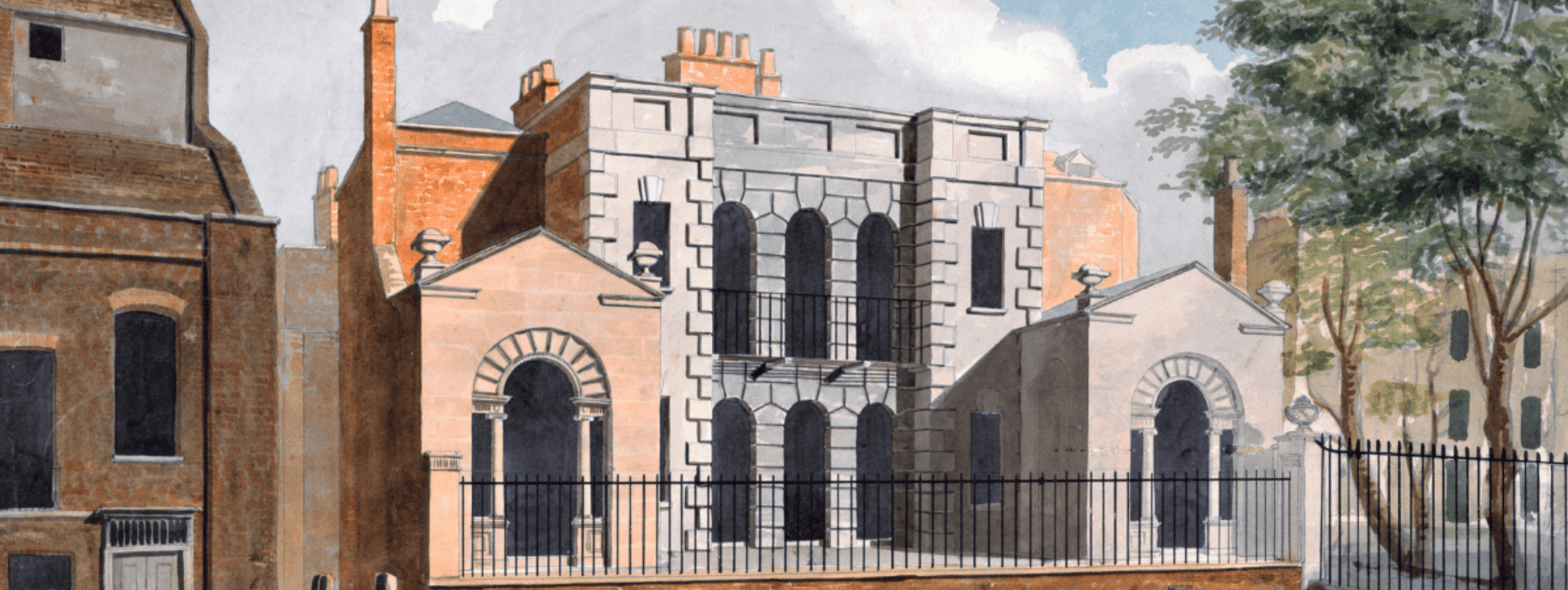 A painted architectural scene showing a historic stone building with arched windows and classical detailing. The central section features tall, narrow windows framed by large stone blocks, flanked by two smaller wings with rounded arched doorways.