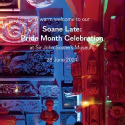 A photo of the Soane's dome area illuminated by saturated blue and red lights. The event's title printed in white at the top centre of the poster.