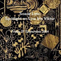 A long rectangular image of a black and gold painting of geometric shapes by Lina Iris Viktor. The event's title printed in white at the centre of the poster.
