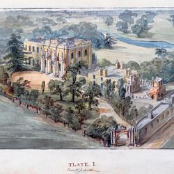 Bird’s-eye view of Pitzhanger Manor showing the yellow house with columns on the front, outlying buildings, and the grounds