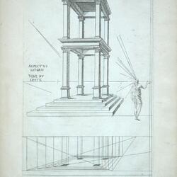 Drawing from a Treatise on Perspective by Du Cerceau showing a building in strict perspective and a figure with lines coming out of his eye to show the workings of perspective