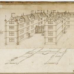 House in the form of the initials ‘I T’ from the Thorpe Album showing a Tudor house partly in perspective and partly in plan view