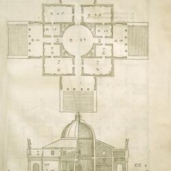 Woodcut from a publication by Palladio showing the symmetrical, cross shaped building in plan view, and also a section view at the bottom