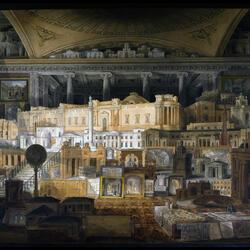 Painting entitled ‘Public and Private Buildings’ showing all Soane’s buildings built up until 1815 in the form of models or drawings gathered together in one room