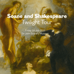 The background of the poster is an oil painting that illustrates Shakespeare getting inspired by the personifications of comedy and tragedy. The title and detailed information of the event is printed in white at the centre of the poster.