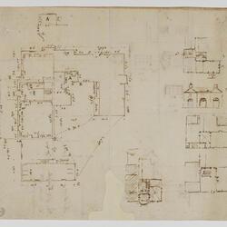 Survey drawing of Moggerhanger Park, Bedfordshire with plans and section sketches