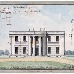 The entrance front of Tyringham drawn in section. the drawing also shows the surrounding land and the sky behind. architectural sketches have been drawn over the sky probably by someone working on the project.