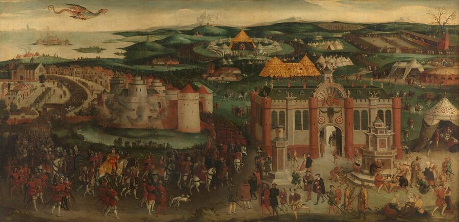 A large canvas depicting the revelry at a unique festival and celebration held between the French and British royal families in 1530.