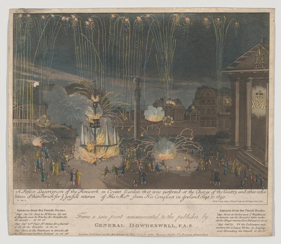 A scene of a fireworks display in Covent Garden, circa 1690.