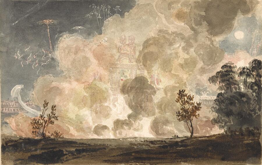 A view of the Temple of Concord, a temporary 1814 structure, shrouded in smoke from a fireworks display.