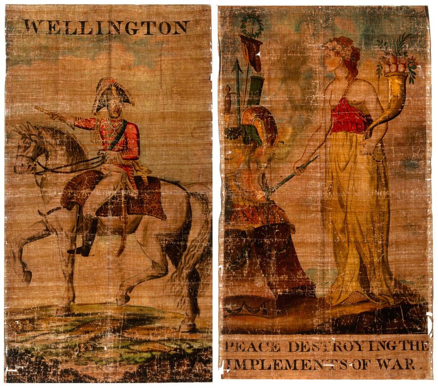 The two original transparencies of Wellington on horseback and Peace burning implements of war, prior to their restoration