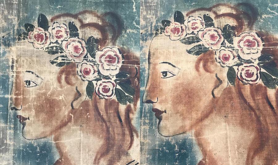 On the left, a close-up of the face of Peace before restoration. On the right, the same view after restoration, showing the improved state of the transparency and the detail of the painting.