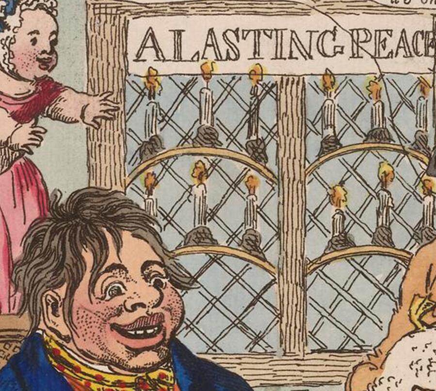 John Bull stands in front of a window display in his home; candles strung up in rows, beneath a sign celebrating a lasting peace.