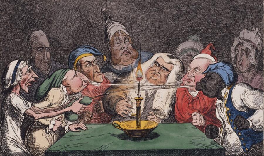 Prominent figures of Georgian high society gather around a table, illuminated by a candle that represents Queen Charlotte.