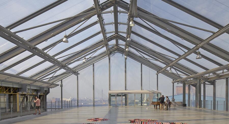 The glass ceiling and upper gallery space of Dunkerque's FRAC Grand Large.