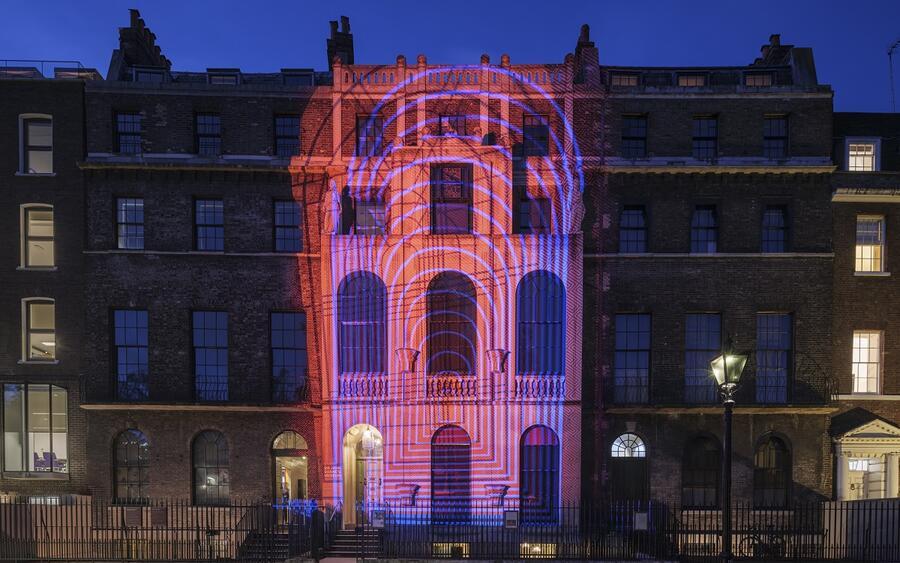 The illuminated facade of Sir John Soane's Museum, with a lighting scheme desgined by Nayan Kulkarni.