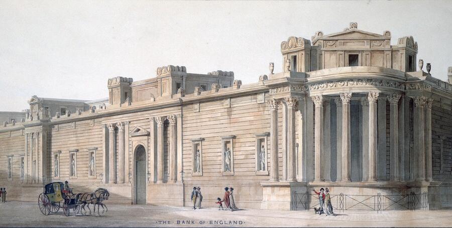 Detail from a perspective drawing of the curtain wall of the Bank of England, showing Georgian Londoners passing the grand columns and capital of the Tivoli Corner.