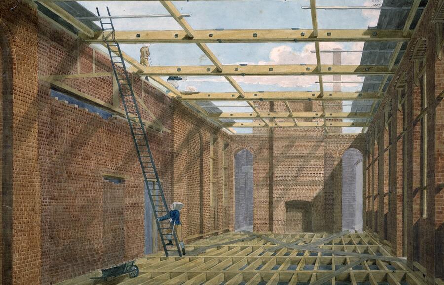 Builders working in the developing shell of Soane's works at the Chelsea Hospital.