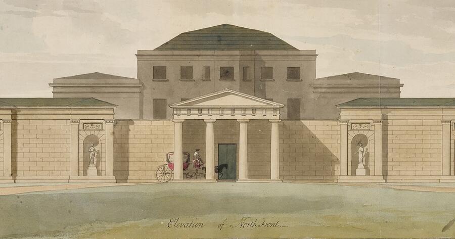A detail from an elevation drawing of a country house, showing a front portico with a horse-drawn carriage approaching.