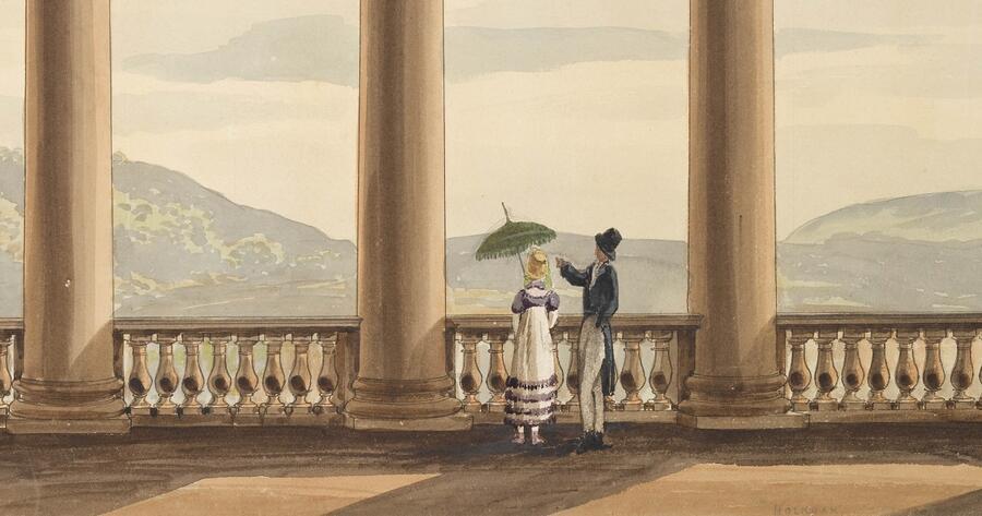 Two figures, a lady and a gentleman in Regency attire, stand within the portico of a grand country home, looking out over the rolling countryside beyond.