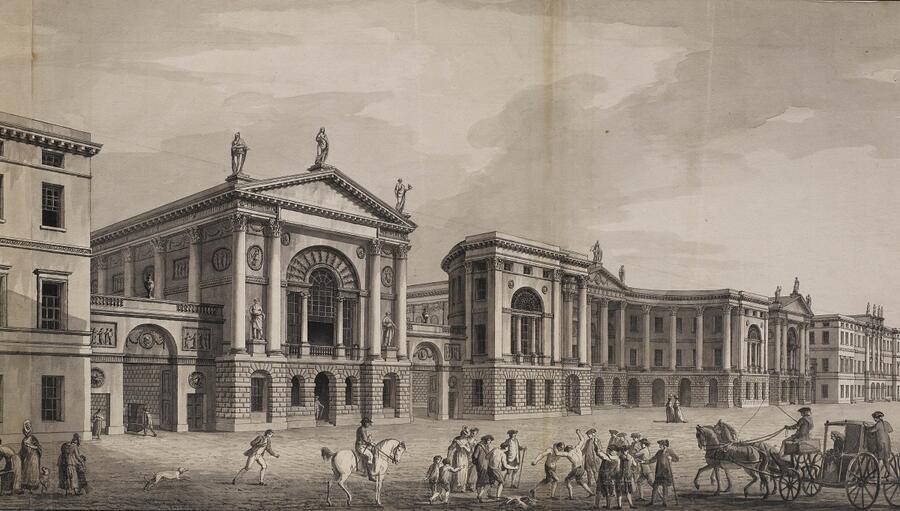 A perspective drawing of an alternative vision for Lincoln's Inn Fields, showing grand classically inspired buildings arranged around an open public square.