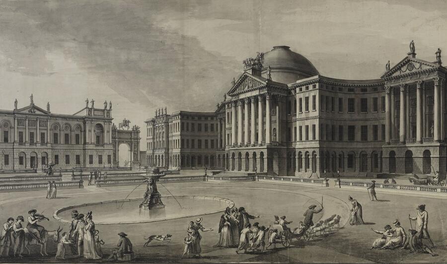 A detail from a perspective view of an alternative vision for Lincoln's Inn Fields, dominated by grand classically-inspired buildings.