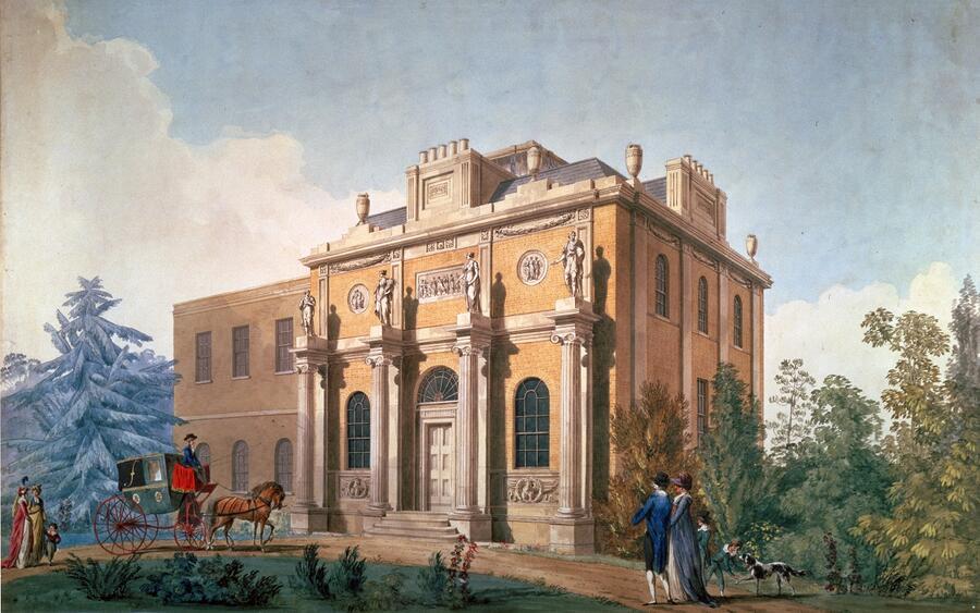 A perspective view of Pitzhanger Manor, Ealing, after Sir John Soane's renovations and remodelling.