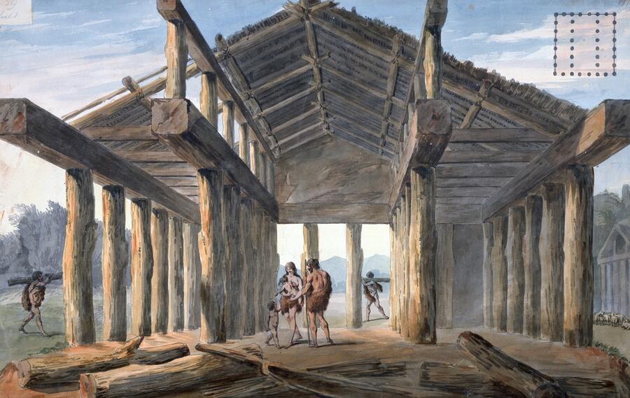 Ancient builders, wearing furs, stand within an early wood-beamed structure, as sheep graze nearby.