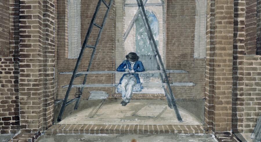 A figure sits on a cross-beam between a ladder, making a sketch of the ongoing building works around him.