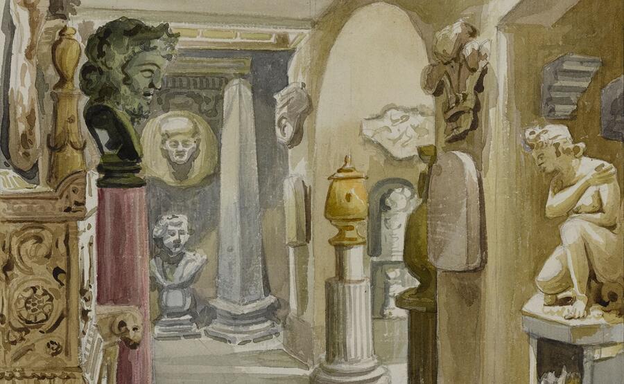 The eclectic West Corridor of the Soane, as a watercolour from Soane's era.