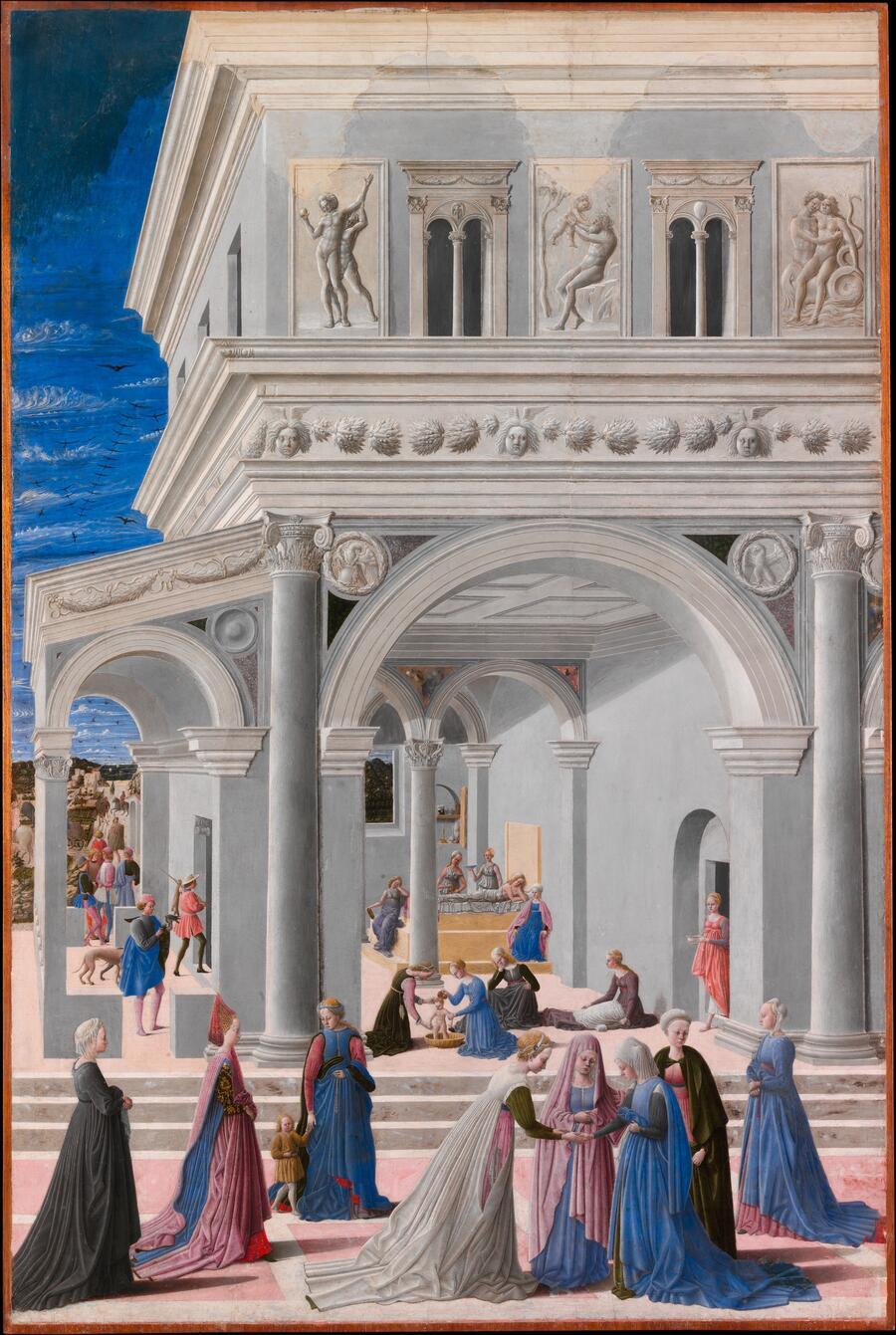 A Renaissance illustration of a biblical scene, the birth of the virgin.