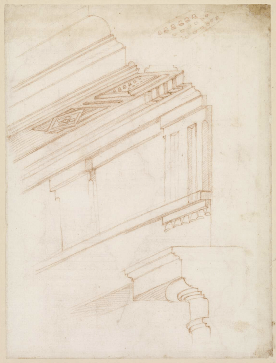 A drawing on parchment of a doric capital.