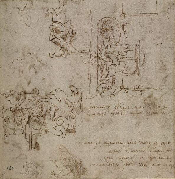 These studies are inventive elaborations of a Corinthian capital where a grotesque head and a bird replace the acanthus leaves. 