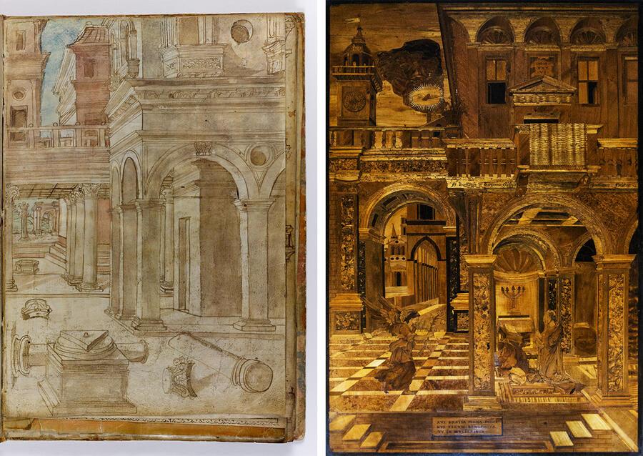 Two Renaissance cityscapes, one a drawing from the album, another a woodwork inlay.