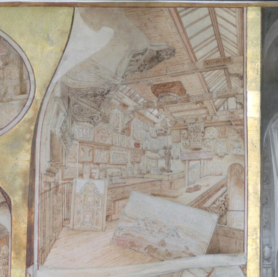 A small illustration of the Drawing Office during Soane's lifetime, taken from a larger composite work of views of the Museum.