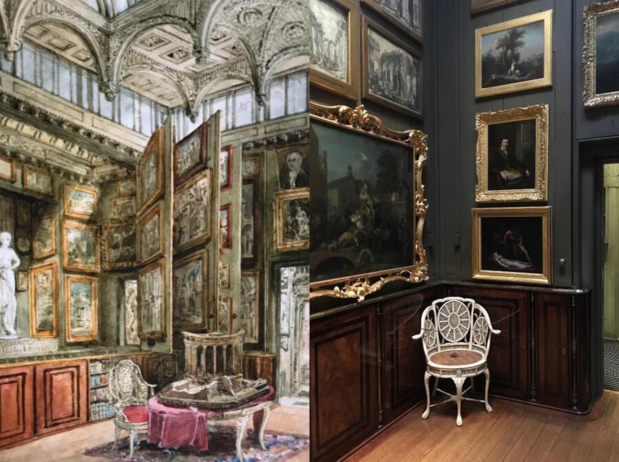 Left: The Picture Room drawn by Joseph Michael Gandy, 9 August 1895 (SM Vol. 82, 90).  Right: Ivory armchair in the south-east corner today with the south planes closed.
